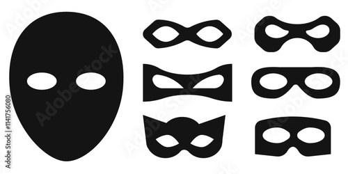 Incognito mask, villain or robber hide face element, black silhouette mystery costume icon. Superhero or carnival bandit burgar 