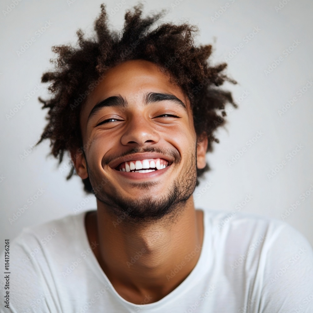 Closeup portrait of a smiling young man with dark skin, a short curly afro hairstyle Closeup portrait of a smiling young man with dark skin, a short curly afro hairstyle