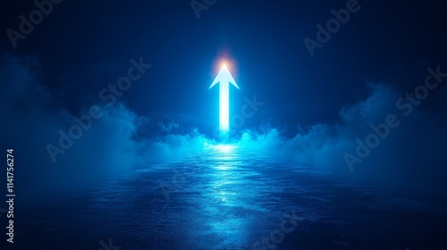 Minimalist glowing arrow symbolizing progress over water digital art mystic environment
