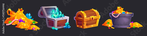Game loot assets collection of treasure in piles. Golden wealth in heap with colorful diamonds, open wooden chest full of blue gemstones, closed ancient case and pot with gold coins and jewelry.