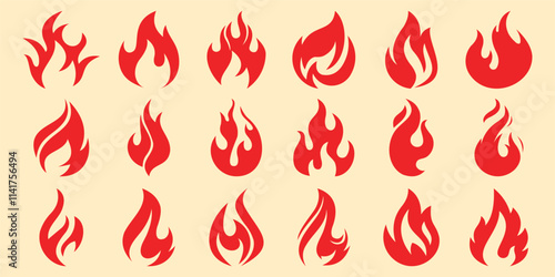 Fire flames, set vector icons Fire and flames outline icon set. Contour bonfire, linear flaming elements