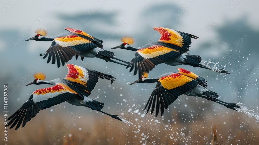 Fototapeta premium A Flight of Grey Crowned Cranes