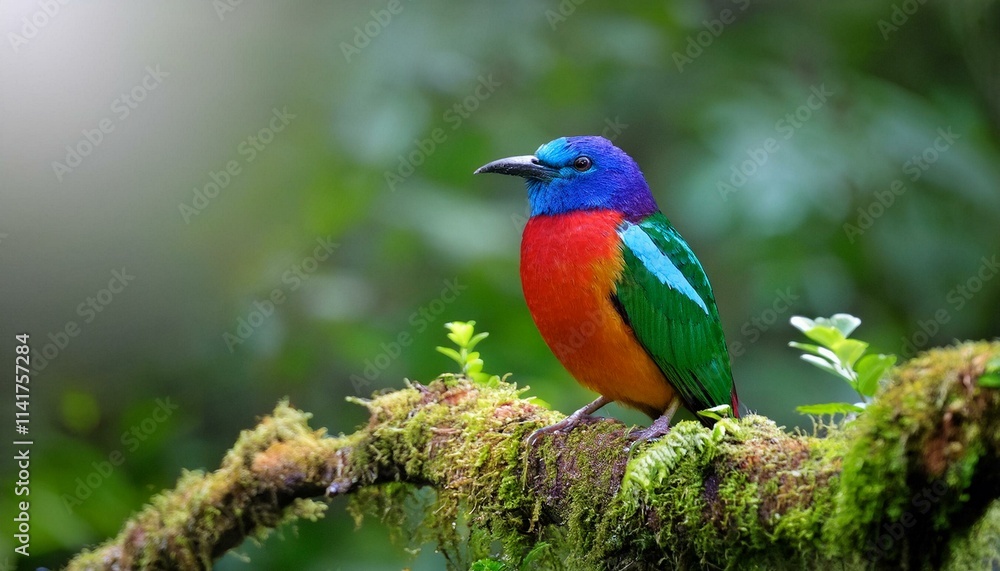 Obraz premium Vibrant Rainbow Bird on Mossy Branch: A Tropical Jewel