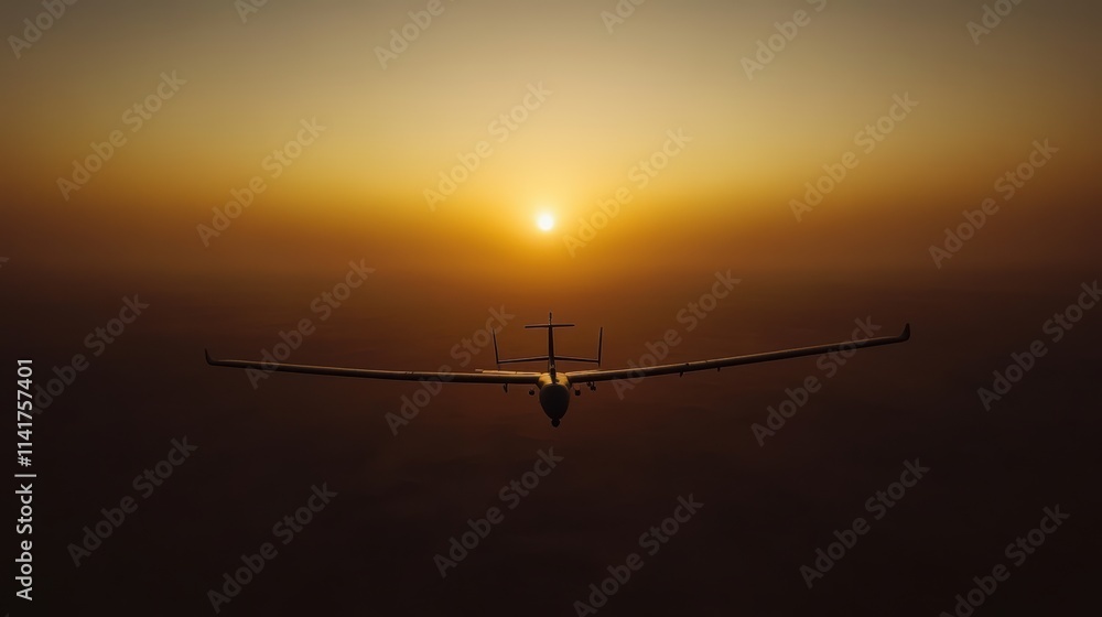 A breathtaking view of a serene sunset unfolds as an aircraft glides through the sky, silhouetted against the vibrant hues of dusk. The horizon glows with warm shades A breathtaking view of a serene sunset unfolds as an aircraft glides through the sky, silhouetted against the vibrant hues of dusk. The horizon glows with warm shades