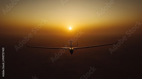 A breathtaking view of a serene sunset unfolds as an aircraft glides through the sky, silhouetted against the vibrant hues of dusk. The horizon glows with warm shades