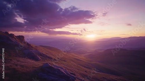 A serene sunset over rolling hills and rocky terrain, painted in hues of purple and gold.