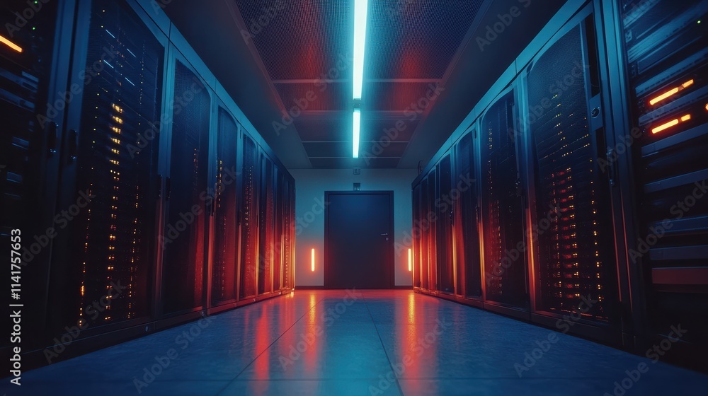 Fototapeta premium Data center, server room, blue and orange lights, computer servers, technology infrastructure