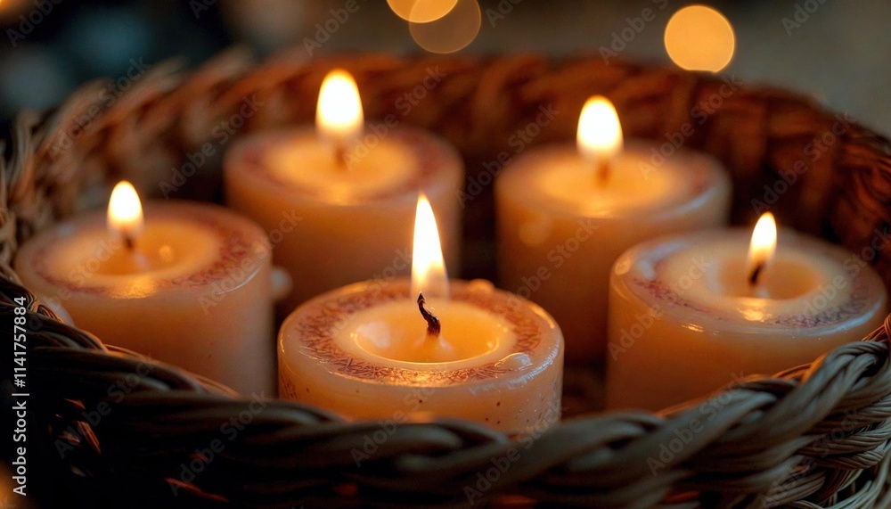 Advent Candles in Basket with Warm Flame Advent Candles in Basket with Warm Flame