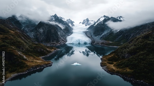 Glacier Flowing into Mountain Lake Amidst Overcast Skies AI Generated