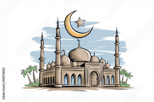 Majestic Mosque Illustration with Crescent Moon and Star photo