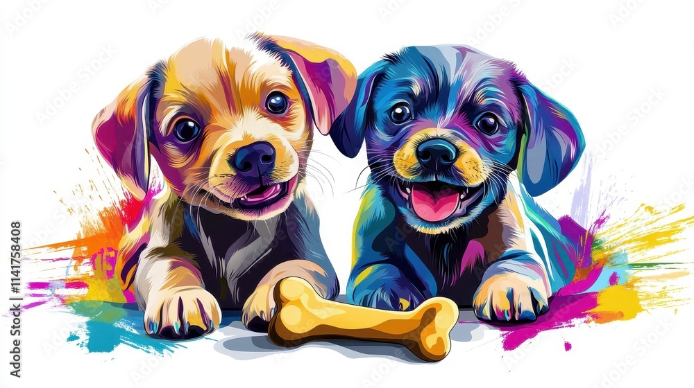 Fototapeta premium Happy Puppies in Vibrant Colors Illustration