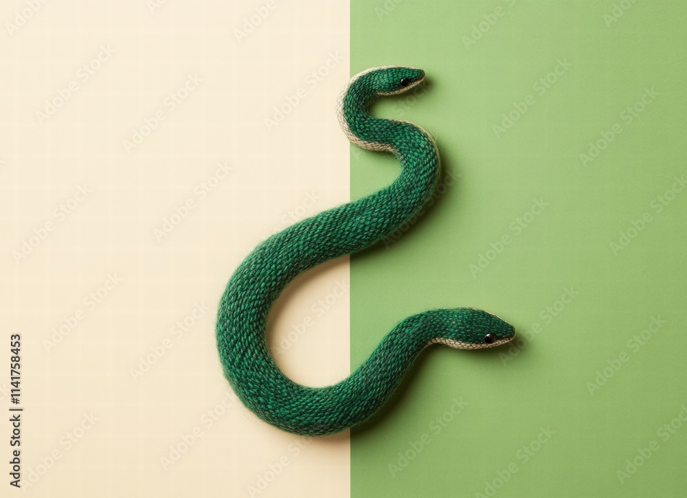 Obraz premium 2025 golden numbers, green snake shape made of wool on green and beige background. chinese new year