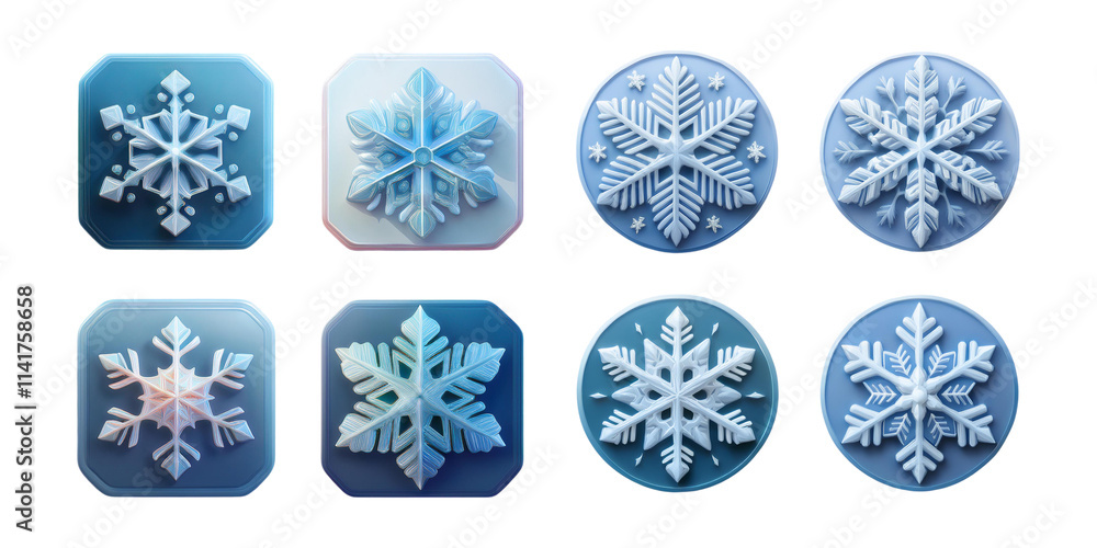 Snowflake Icons with Three-Dimensional Design, isolated on transparent background Snowflake Icons with Three-Dimensional Design, isolated on transparent background