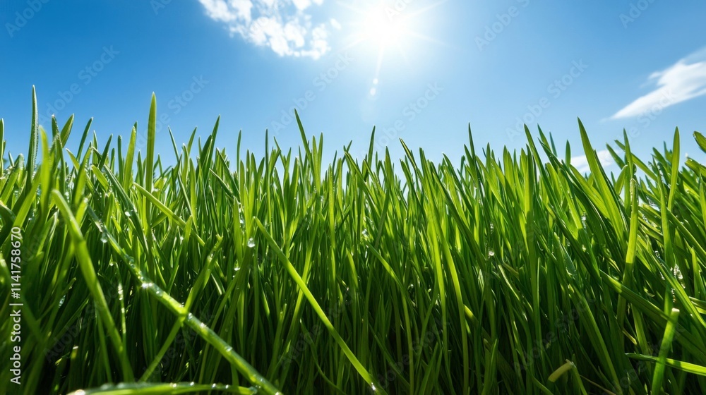 Obraz premium Vibrant Green Grass Under a Sunny Blue Sky