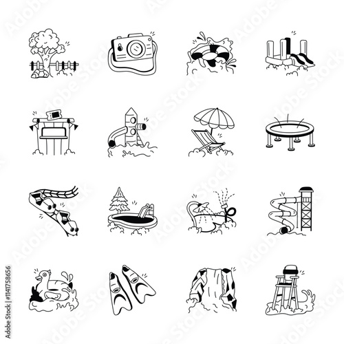 Collection of whimsical, black and white line art icons depicting various water park attractions