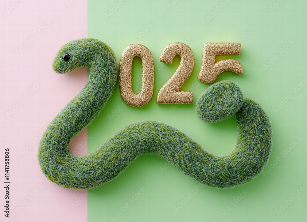 2025 golden numbers, green snake shape made of wool on green and beige background. chinese new year 2025 golden numbers, green snake shape made of wool on green and beige background. chinese new year