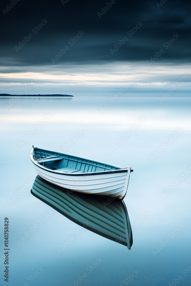 Naklejka premium A lone boat drifting on a still ocean