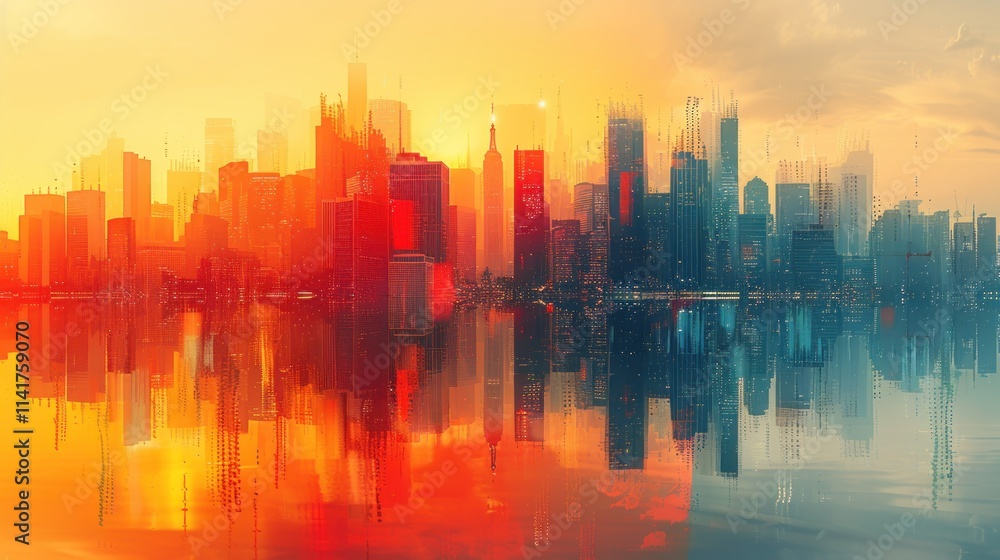 Obraz premium Cityscape Reflected in Water at Sunset