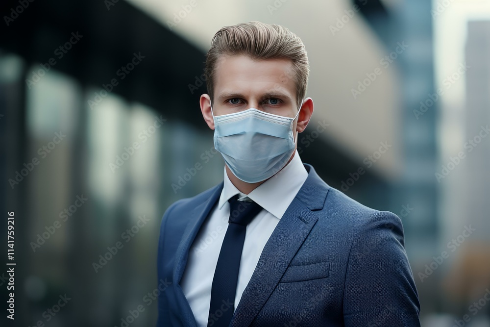 Portrait of businessman wearing protective face mask standing near office building