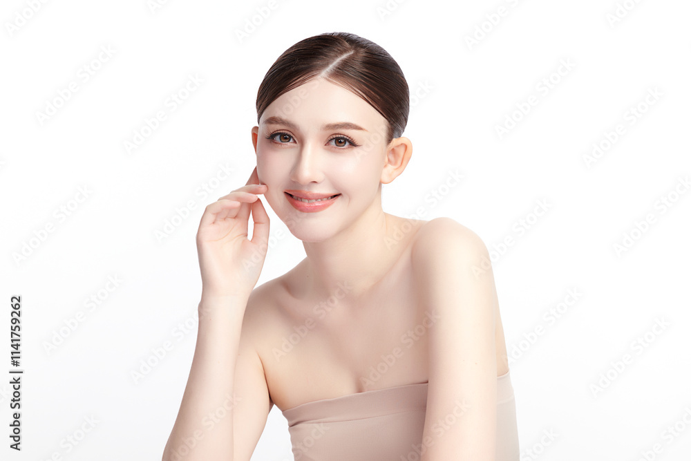 Beautiful young asian woman with clean fresh skin on white background, Face care, Facial treatment, Cosmetology, beauty and spa, Asian women portrait.