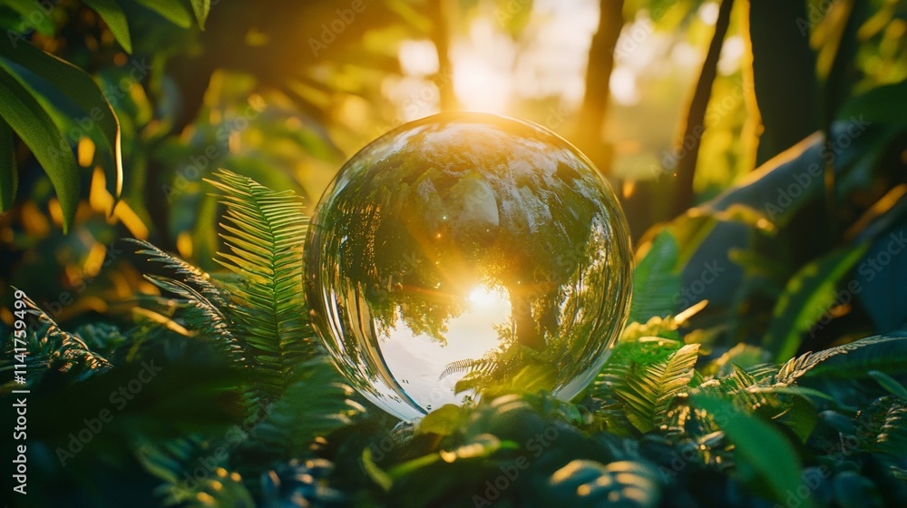 A magical glass sphere reflects sunlight through lush green ferns in a serene forest setting, creating a peaceful nature scene. A magical glass sphere reflects sunlight through lush green ferns in a serene forest setting, creating a peaceful nature scene.