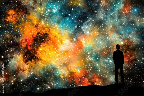 Silhouette of a person standing against a vibrant cosmic backdrop filled with colorful nebulae and stars.