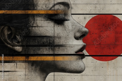 A striking profile of a woman against a textured wall, featuring a bold red circle and graphic lines in a blend of modern and traditional art styles.