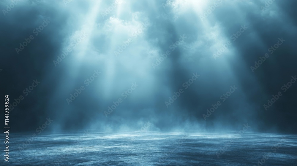 Dramatic Blue Sky Rays Illuminate Misty Ground Dramatic Blue Sky Rays Illuminate Misty Ground