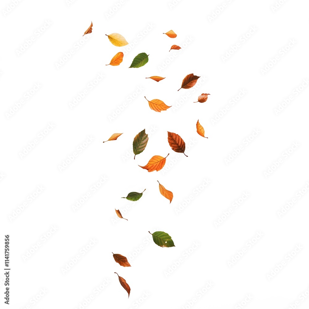 A single gust of wind blowing a few leaves into the air, suspended on a white background A single gust of wind blowing a few leaves into the air, suspended on a white background