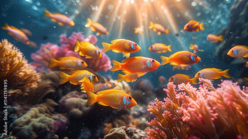 Naklejka premium Sunlit Coral Reef with Fish
