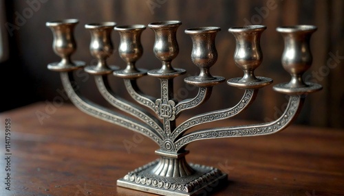 Vintage Silver Hanukkah Menorah Close-Up photo