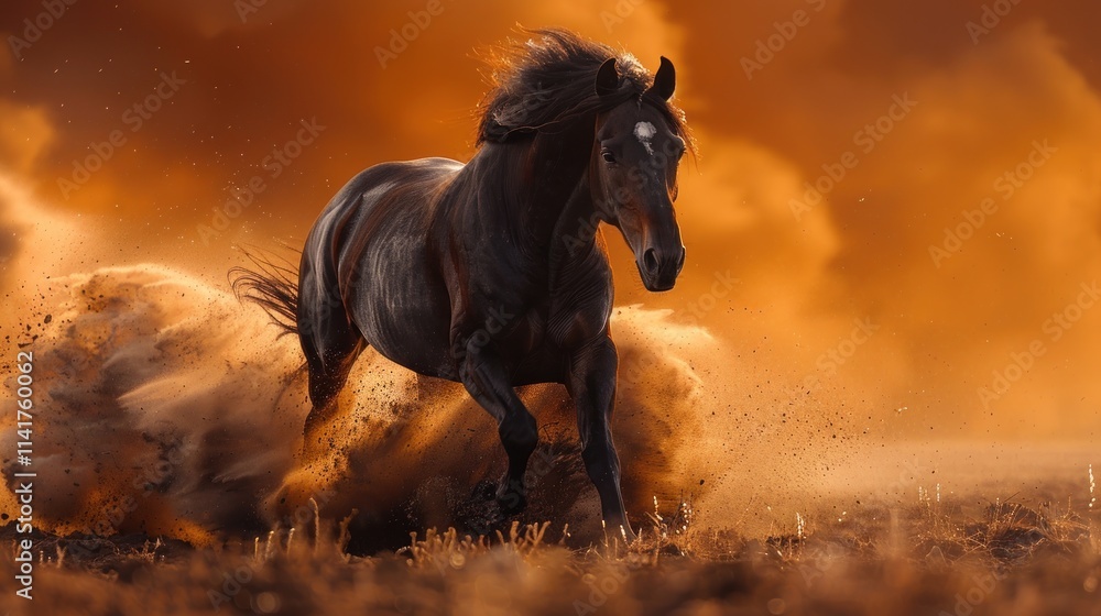 Black Horse Running Through Dust at Sunset Black Horse Running Through Dust at Sunset