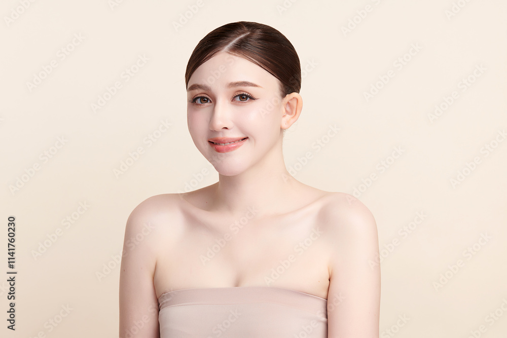 Beautiful young asian woman with clean fresh skin on beige background, Face care, Facial treatment, Cosmetology, beauty and spa, Asian women portrait.