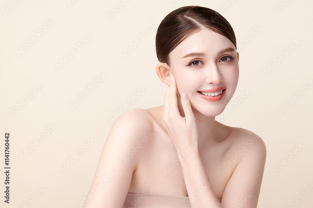 Beautiful young asian woman with clean fresh skin on beige background, Face care, Facial treatment, Cosmetology, beauty and spa, Asian women portrait. Beautiful young asian woman with clean fresh skin on beige background, Face care, Facial treatment, Cosmetology, beauty and spa, Asian women portrait.