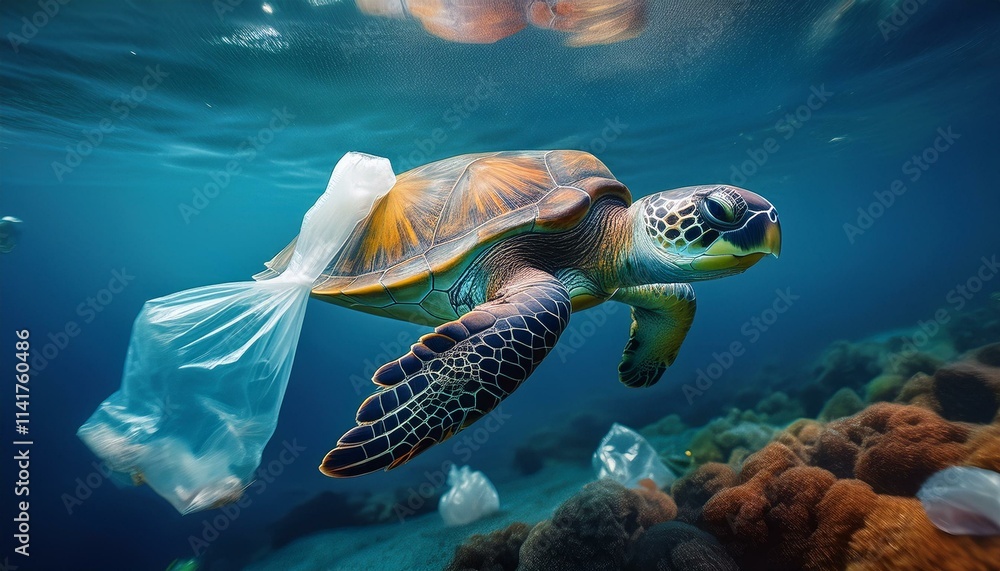 Fototapeta premium Turtle Eat Plastic Bag - Turtle In The Sea