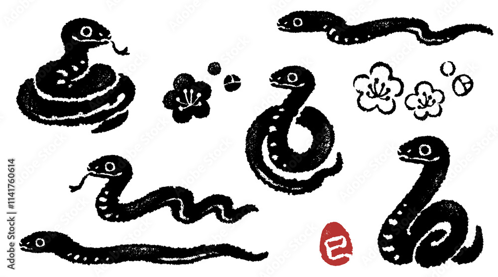 Obraz premium ヘビのスタンプ風イラストセット