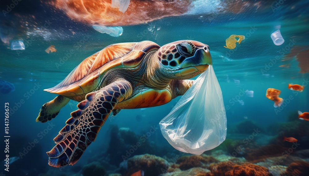 Fototapeta premium Turtle Eat Plastic Bag - Turtle In The Sea