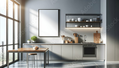 Frame Horizontal blank framed poster in a contemporary kitchen, sunlight from a window highlighting the sl1 photo