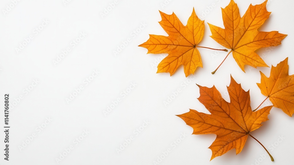 Four vibrant orange maple leaves arranged on a white background, showcasing autumn's beauty and seasonal change. Four vibrant orange maple leaves arranged on a white background, showcasing autumn's beauty and seasonal change.