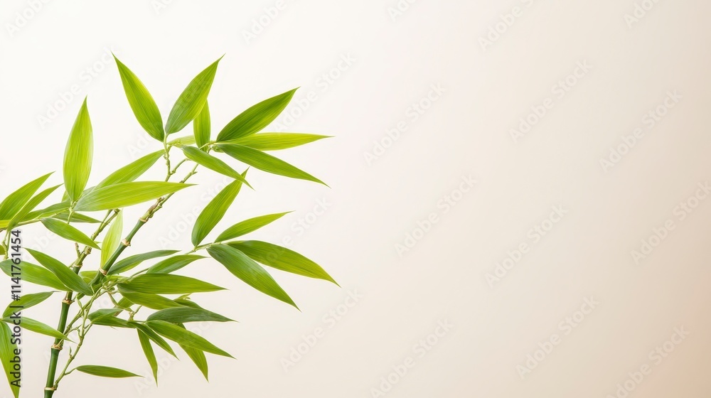 Naklejka premium Green bamboo leaves against a light background, symbolizing nature, tranquility, and freshness.