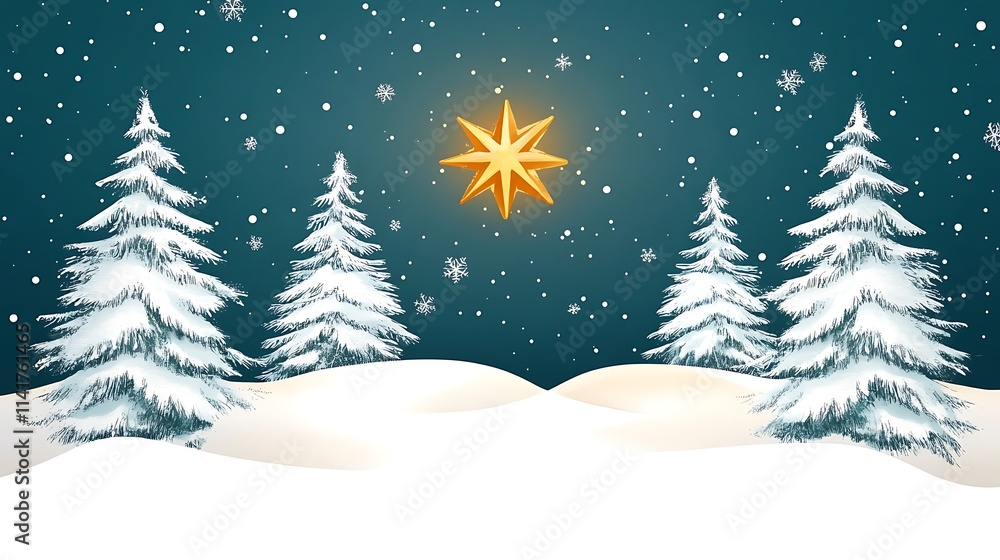 Winter Landscape with Snow-covered Pines and Glowing Lanterns