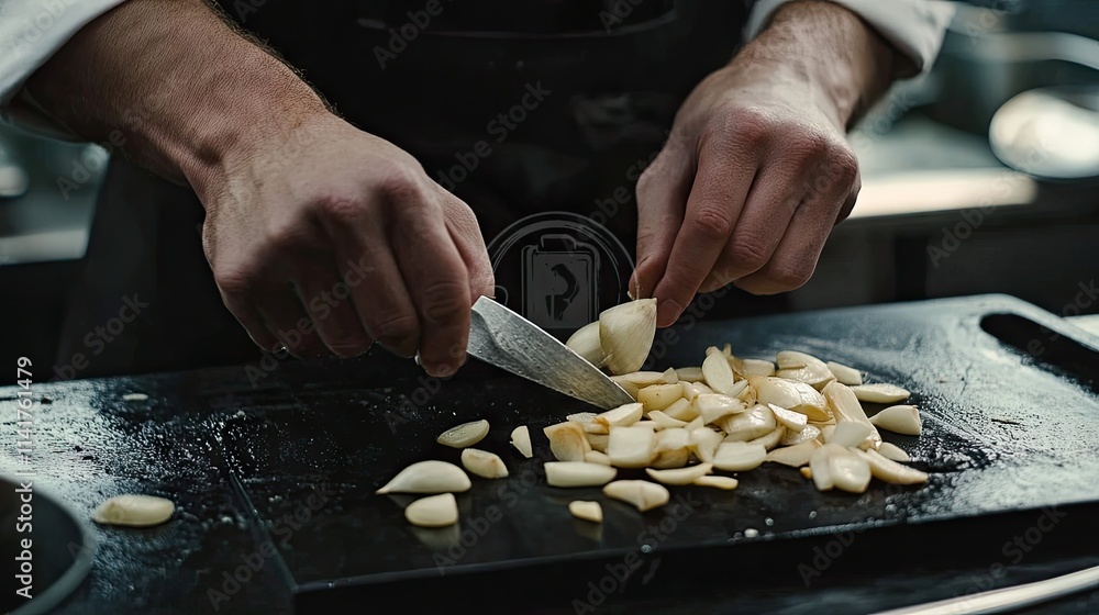 Chef Slicing Fresh Garlic Cloves on Wooden Cutting Board Chef Slicing Fresh Garlic Cloves on Wooden Cutting Board