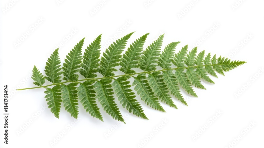 A vibrant green fern leaf on a white background, showcasing intricate leaf patterns and a fresh, natural appearance.