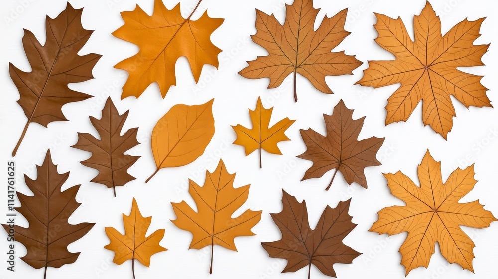 A collection of vibrant autumn leaves in shades of orange and brown, arranged artfully on a white background. A collection of vibrant autumn leaves in shades of orange and brown, arranged artfully on a white background.