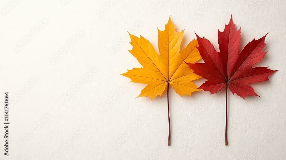 Two vibrant leaves, one yellow and one red, displayed against a light background, representing the beauty of autumn foliage. Two vibrant leaves, one yellow and one red, displayed against a light background, representing the beauty of autumn foliage.