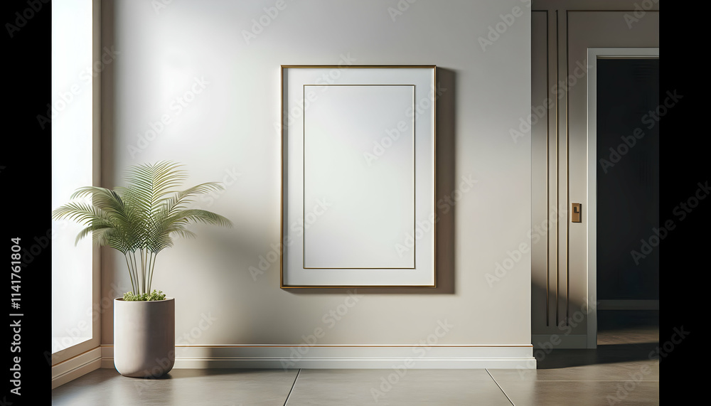 Frame Blank framed poster with a thin brass frame on a gallery wall in a modern hallway Frame Blank framed poster with a thin brass frame on a gallery wall in a modern hallway