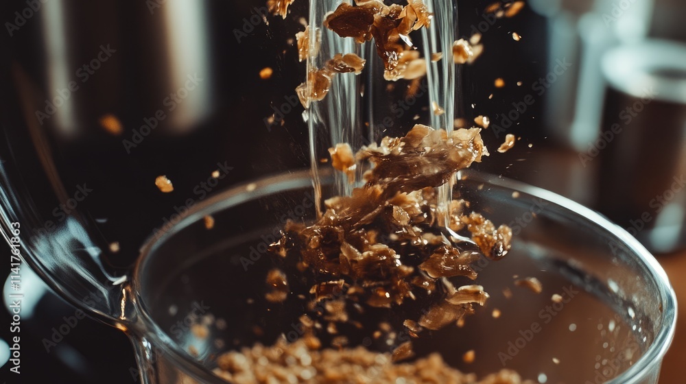 Close-Up of Granola Falling into a Clear Blender Container Close-Up of Granola Falling into a Clear Blender Container