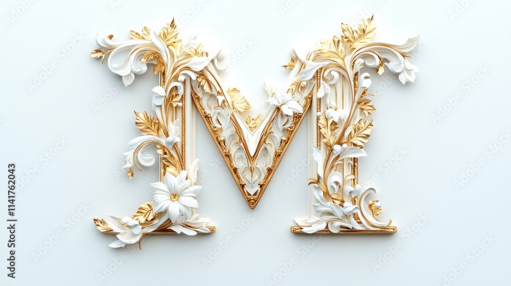 Obraz premium Ornate capital letter M, detailed decorative design in gold and white.