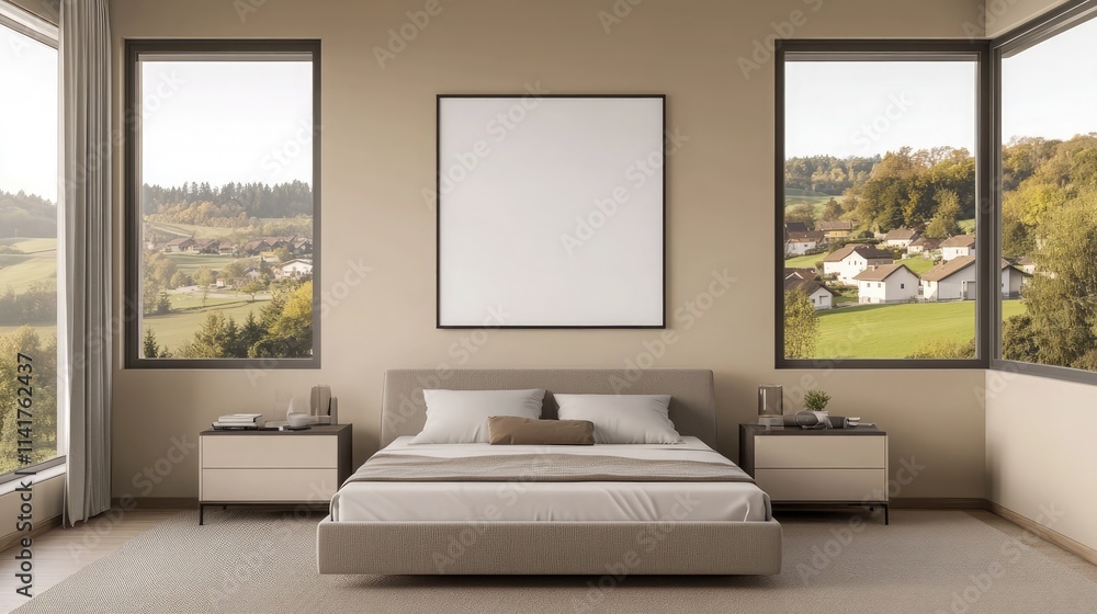 Fototapeta premium A minimalist bedroom with a blank poster on a beige accent wall, a modern bed, and nightstands. Expansive windows reveal a village view with small homes, trees, and rolling hills.