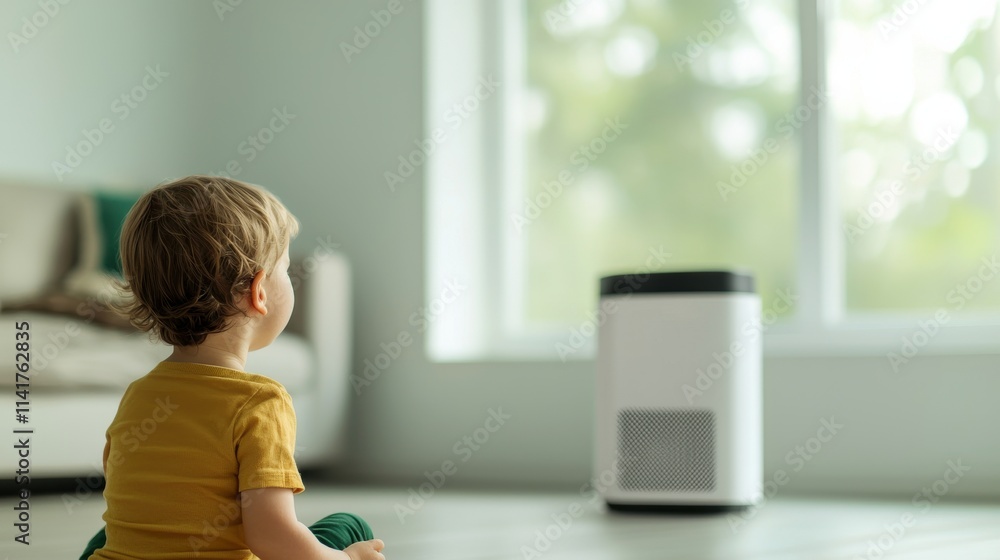 Long-term exposure to PM 2.5. A young child sits on the floor, gazing at an air purifier in a bright, modern room with large windows. Long-term exposure to PM 2.5. A young child sits on the floor, gazing at an air purifier in a bright, modern room with large windows.
